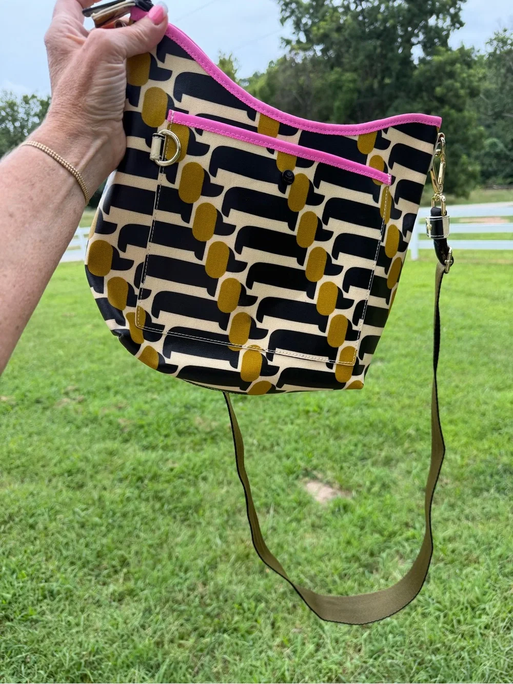 Orla Kiely Dog Show Crossbody with Pink Trim.